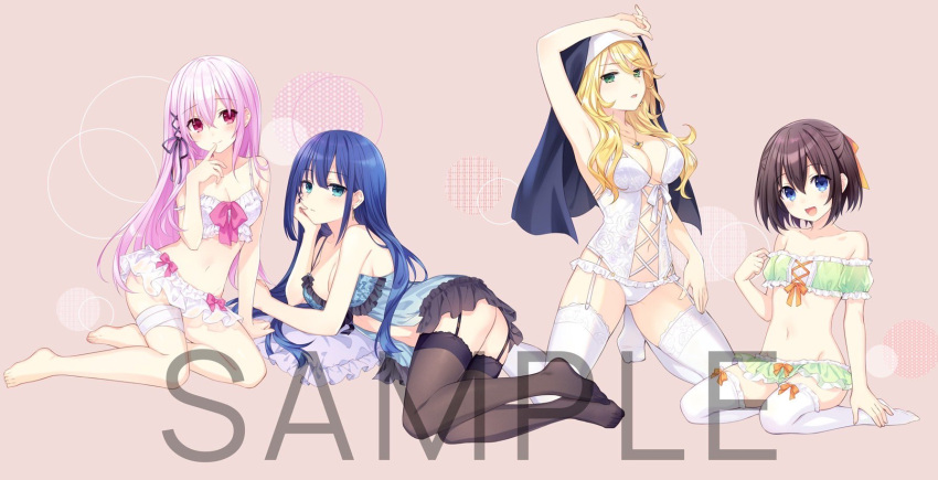 4girls, bandaged_leg, bandages, bangs, black_ribbon, blue_babydoll, blue_hair, brown_hair