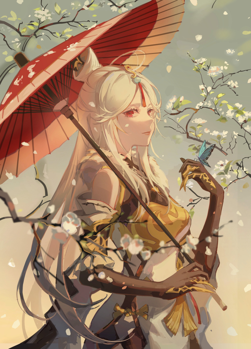 1girl, absurdres, bangs, black_gloves, black_hair, branch, breasts, bug
