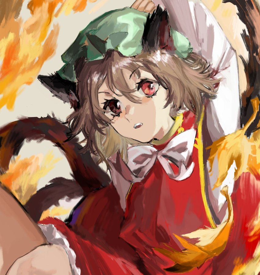 1girl, animal_ears, bow, bowtie, brown_hair, cat_ears, cat_tail, chen