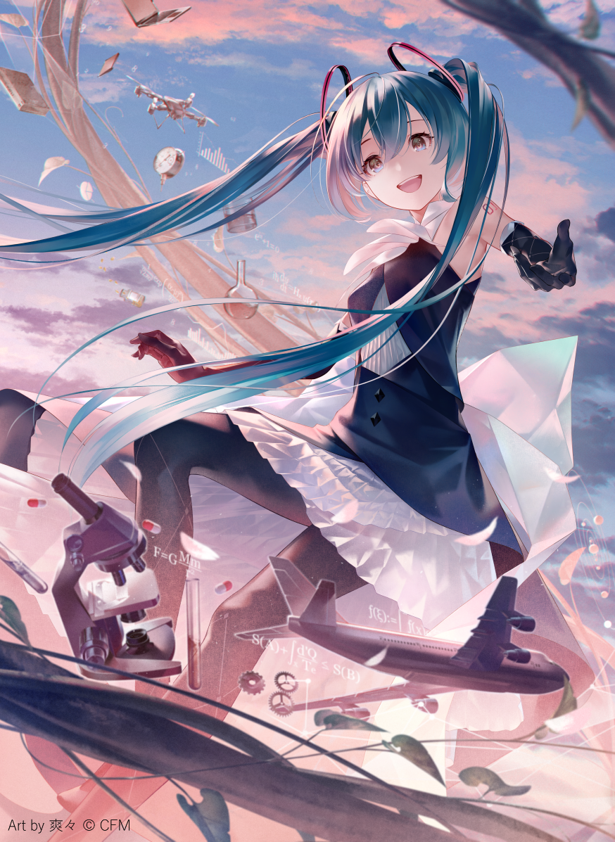 1girl, aircraft, airplane, aqua_eyes, aqua_hair, bangs, black_dress, black_gloves