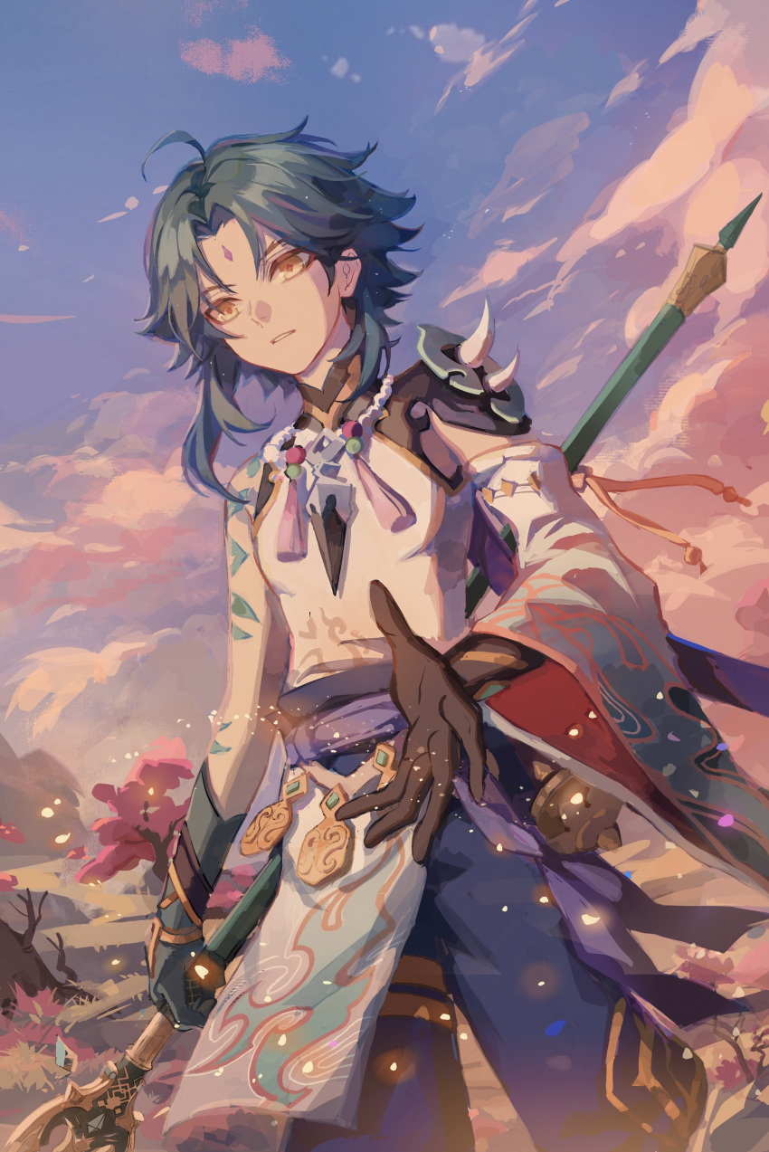 1boy, absurdres, ahoge, aqua_hair, arm_guards, arm_tattoo, armor, asymmetrical_gloves
