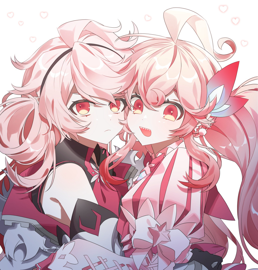 2girls, :d, absurdres, ahoge, black_hairband, black_shirt, blue_bow, blush