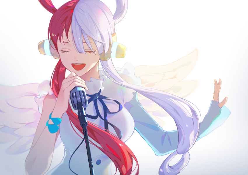 1girl, asymmetrical_sleeves, closed_eyes, dress, eyelashes, feathered_wings, headphones, holding