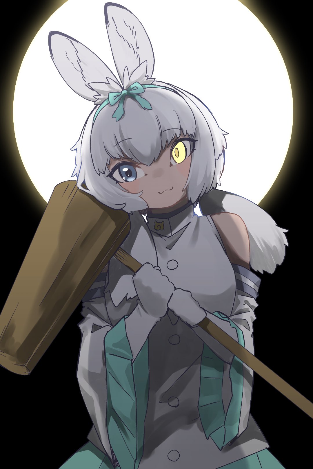 1girl, :3, animal_ears, bare_shoulders, blue_eyes, blue_skirt, blush, commentary_request, detached_sleeves, frilled_sleeves, frills, full_moon, gloves, heterochromia, highres, isobee, kemono_friends, kine, looking_at_viewer, mallet, moon, night, night_sky, pleated_skirt, rabbit_ears, rabbit_girl, shirt, short_hair, skirt, sky, solo, tsukuyomi_shinshi_(kemono_friends), upper_body, white_gloves, white_hair, white_shirt, white_sleeves, yellow_eyes