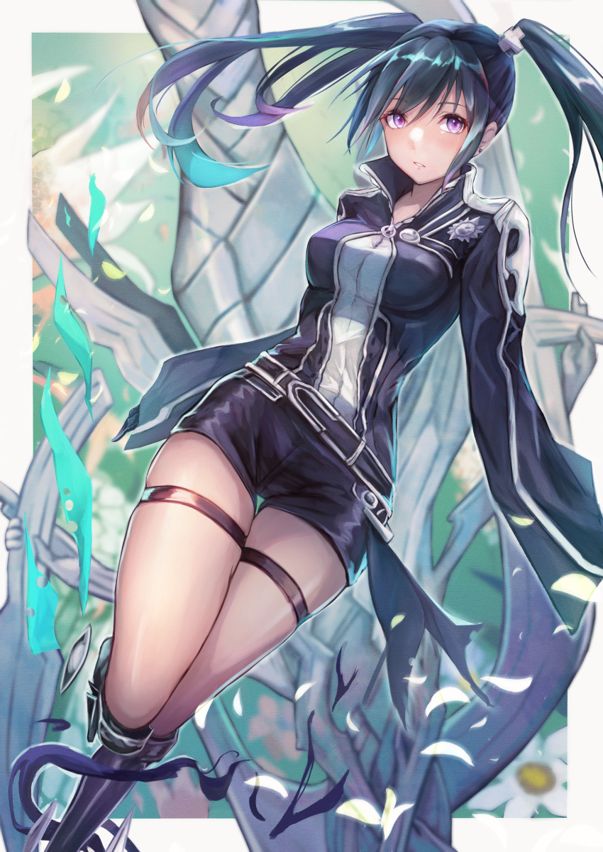 1girl, absurdres, bangs, black_hair, black_jacket, black_order_uniform, black_shorts, blue_hair, d.gray-man, earrings, eyes, floating_hair, ganmenkurei_(ani), hair, hair_between_eyes, highres, jacket, jewelry, lenalee_lee, long_hair, long_sleeves, looking_at_viewer, multicolored_hair, parted_lips, pink_hair, shiny, shiny_hair, short_shorts, shorts, skindentation, solo, thigh_gap, thigh_strap, twintails, very_long_hair, violet_eyes
