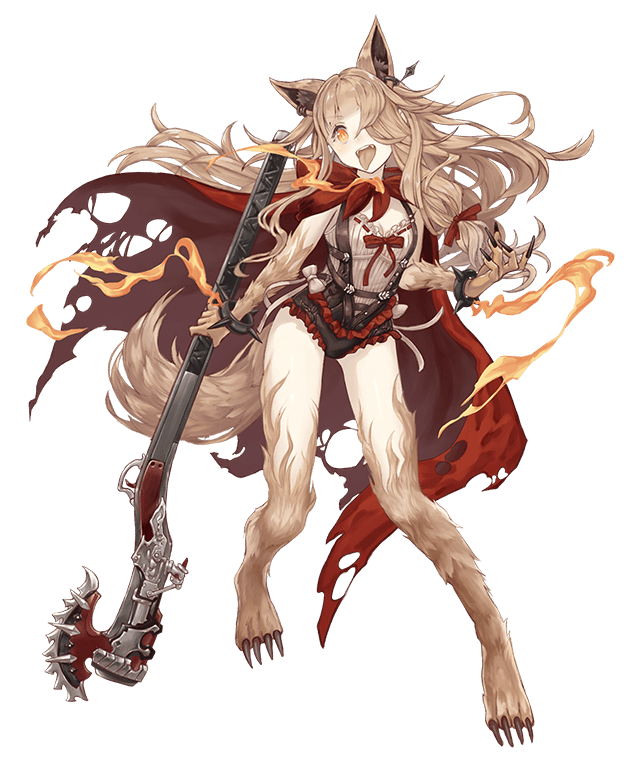 1girl, animal_ear_fluff, animal_ears, blonde_hair, bracelet, claws, cloak, earrings, frills, full_body, fur, gun, hair_over_one_eye, hair_ribbon, jewelry, ji_no, long_hair, official_art, orange_eyes, red_riding_hood_(sinoalice), ribbon, rifle, sinoalice, solo, spiked_bracelet, spikes, tail, tongue, tongue_out, torn_cloak, torn_clothes, transparent_background, weapon, wolf_ears, wolf_girl, wolf_tail