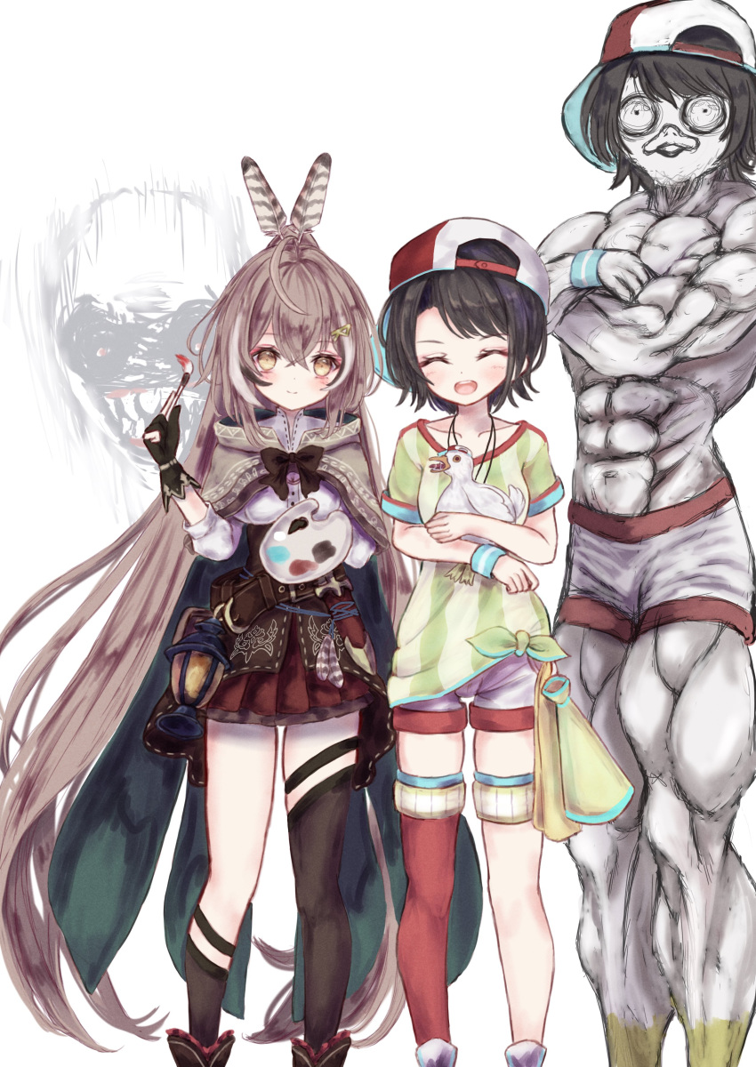 2girls, :d, absurdres, ahoge, ankle_boots, asymmetrical_legwear, backwards_hat, bangs