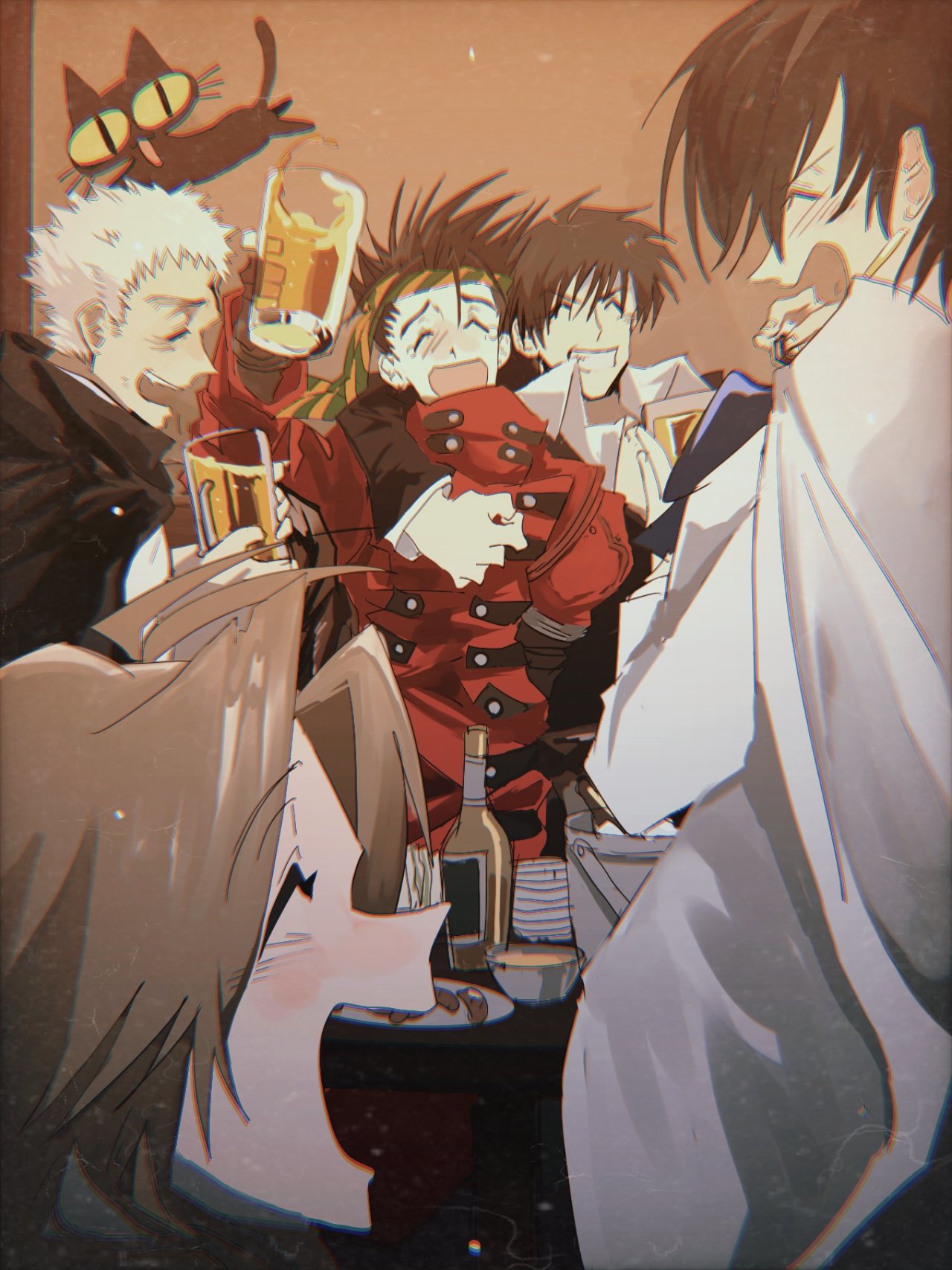 2girls, alcohol, beer, beer_mug, black_hair, bottle, cape, character_request