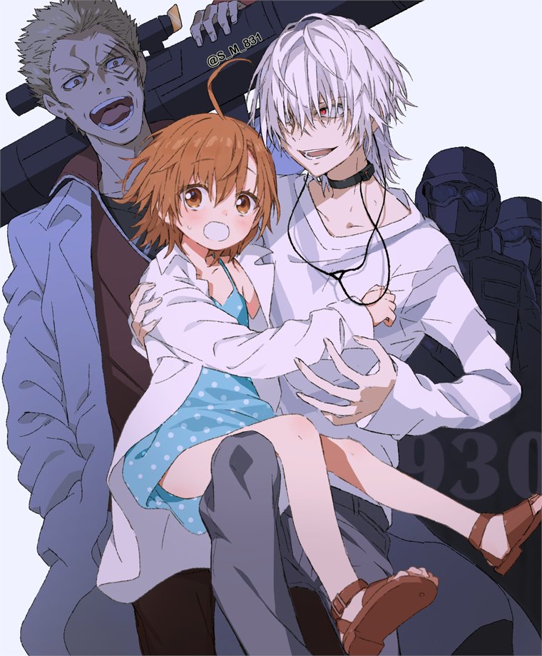 1girl, 2boys, accelerator_(toaru_majutsu_no_index), ahoge, albino, bangs, black_choker, black_pants