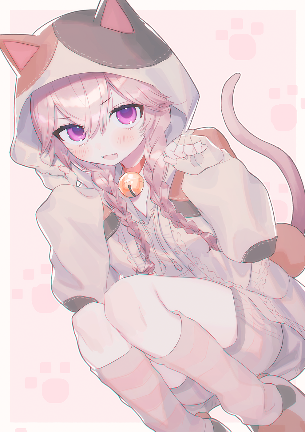 1girl, :d, animal_hood, avatar_(ff14), bell, braid, cat_girl, cat_hood, cat_tail, elbow_patches, fangs, final_fantasy, final_fantasy_xiv, funa_(sakana), highres, hood, hood_up, hooded_jacket, jacket, light_brown_hair, long_hair, long_sleeves, looking_at_viewer, miqo'te, neck_bell, puffy_long_sleeves, puffy_sleeves, short_shorts, shorts, smile, tail, twin_braids, v-shaped_eyebrows, violet_eyes