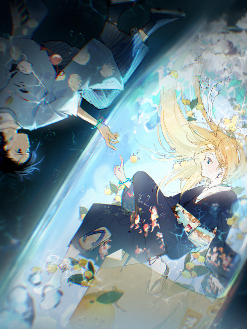 1boy, 1girl, abulb, ajiro_shinpei, black_hair, black_socks, blonde_hair, blue_eyes