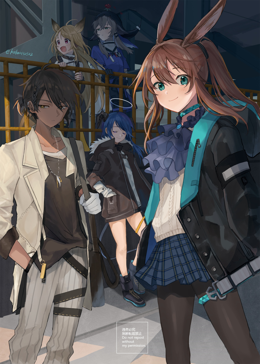 1boy, 4girls, absurdres, ahoge, amiya_(arknights), animal_ears, aqua_eyes, arknights, ascot, bag, black_bag, black_coat, black_gloves, black_headwear, black_pantyhose, black_shirt, blonde_hair, blue_ascot, blue_collar, blue_hair, blue_shirt, blue_skirt, blush, braid, brown_hair, ceobe_(arknights), closed_eyes, closed_mouth, coat, collar, collarbone, commentary_request, cow_horns, demon_horns, dog_ears, fang, floating_hair, flower, flower_on_head, frown, fur-trimmed_hood, fur_trim, gloves, green_eyes, grey_jacket, grey_shirt, grey_skirt, habit, hair_between_eyes, halo, hand_in_pocket, hand_on_railing, handbag, highres, holding_strap, hood, hood_down, hooded_coat, hooded_jacket, horns, jacket, jewelry, kobarisusuz, layered_shirt, long_hair, long_sleeves, looking_afar, looking_at_viewer, mostima_(arknights), multiple_girls, necklace, open_clothes, open_coat, open_jacket, open_mouth, pallas_(arknights), pants, pantyhose, partial_commentary, pink_eyes, plaid, plaid_skirt, ponytail, rabbit_ears, railing, red_flower, red_rose, rose, shirt, short_hair, short_ponytail, short_sleeves, sidelocks, skirt, smile, sweater, thorns_(arknights), twitter_username, very_long_hair, watermark, white_gloves, white_jacket, white_pants, white_shirt, white_sweater, yellow_eyes