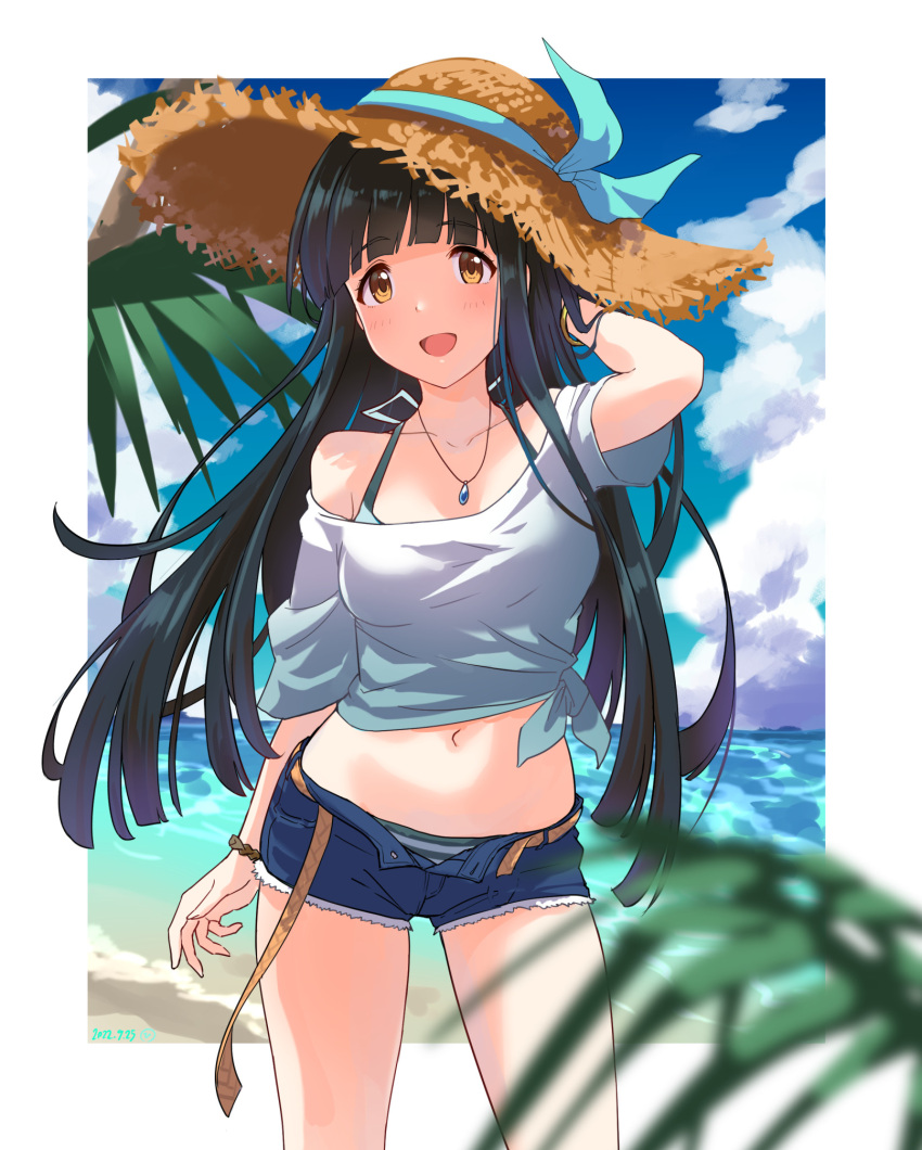 1girl, arm_behind_head, bangs, beach, belt, bikini, bikini_under_clothes, black_hair, blue_shorts, blue_sky, blurry, blurry_foreground, blush, bracelet, brown_belt, brown_headwear, check_commentary, clouds, collarbone, commentary_request, cowboy_shot, damokan66, denim, denim_shorts, green_bikini, hat, highres, idolmaster, idolmaster_million_live!, idolmaster_million_live!_theater_days, jewelry, kitakami_reika, long_hair, looking_at_viewer, midriff, navel, necklace, ocean, open_fly, open_mouth, plant, ribbed_hat, shirt, short_shorts, short_sleeves, shorts, sky, smile, solo, straw_hat, striped, striped_bikini, swimsuit, thighs, white_shirt, yellow_eyes