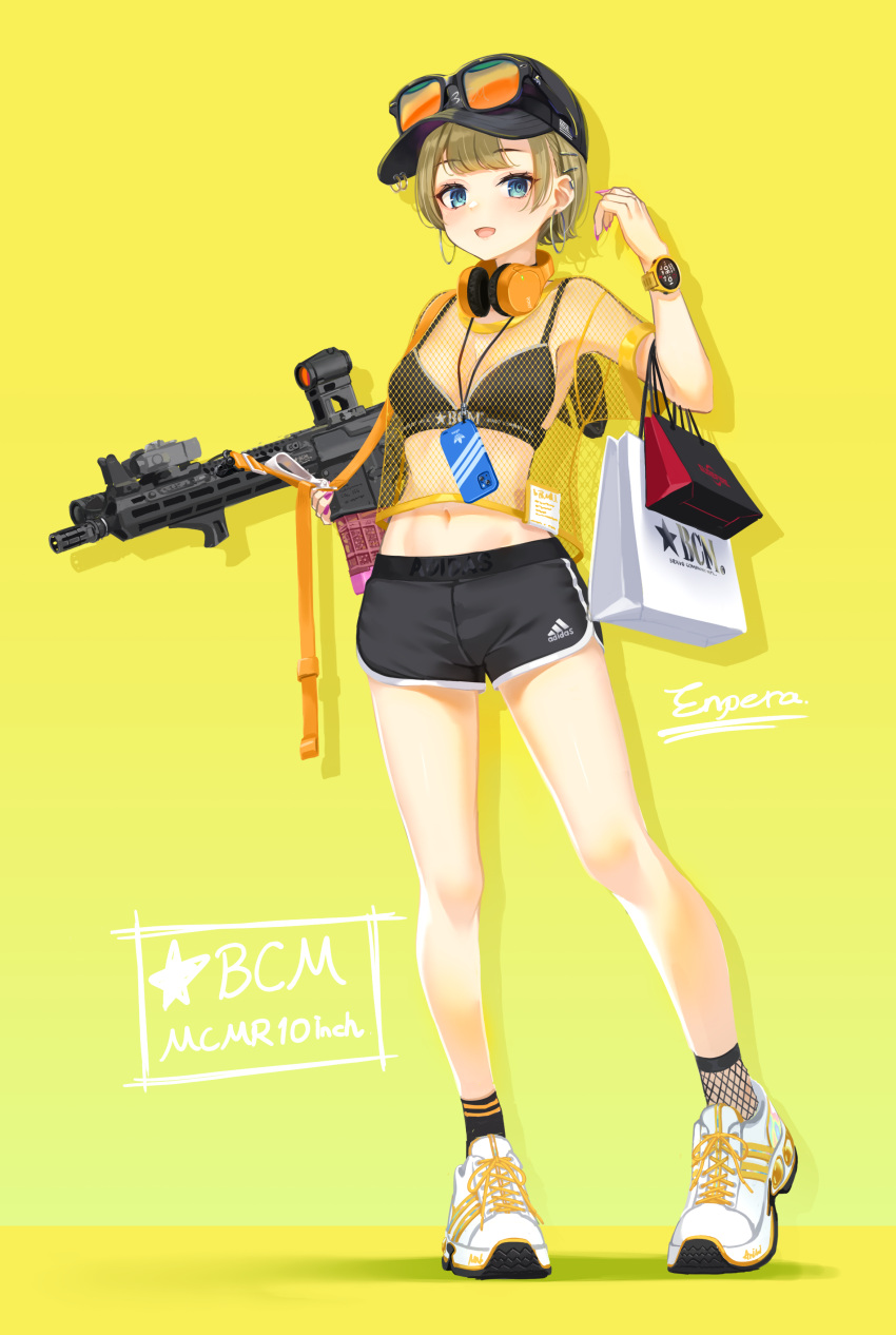 1girl, absurdres, adidas, ar-15, baseball_cap, bcm_mcmr, bikini, bikini_top_only