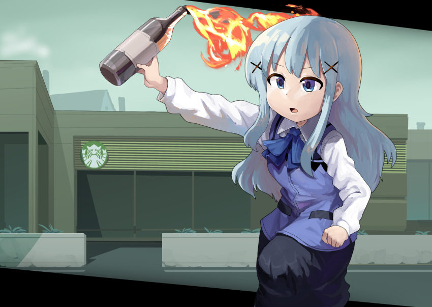 1girl, ascot, bangs, black_skirt, blue_ascot, blue_eyes, blue_hair, blue_vest