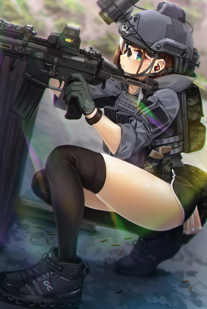 1girl, absurdres, assault_rifle, behind_cover, black_thighhighs, ear_protection, enpera_(jdud8375), fn_scar, fn_scar_16, from_side, gloves, green_eyes, gun, helmet, highres, holding, holding_gun, holding_weapon, left-handed, lens_flare, night_vision_device, original, outdoors, rifle, safety_glasses, short_shorts, shorts, skindentation, solo, tactical_clothes, thigh-highs, watch, watch, weapon