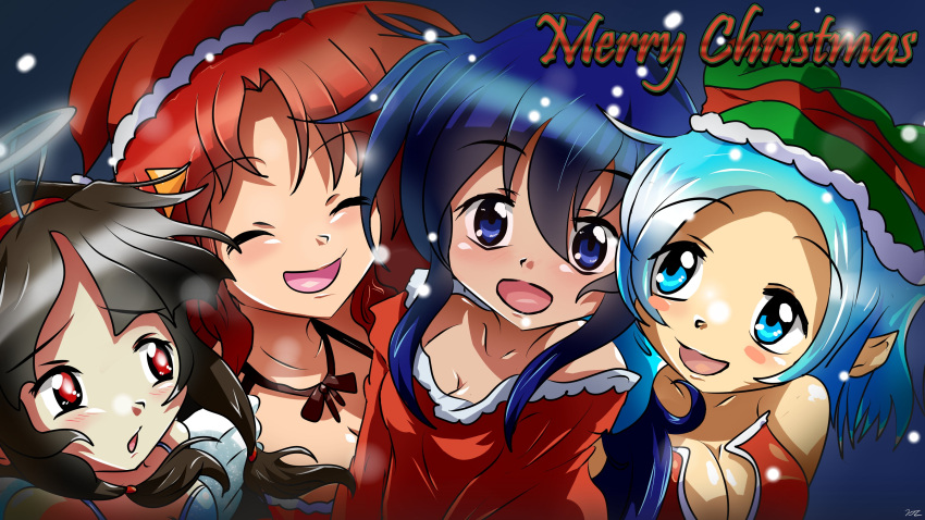 4girls, akira_(gaia's_melody), aneka, bangs, bare_shoulders, blue_eyes, blue_hair, blush