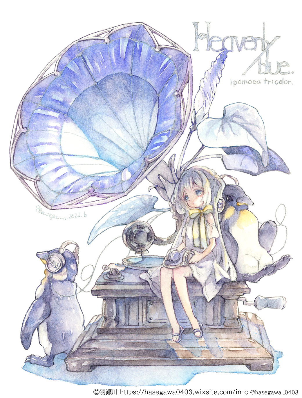 1girl, artist_name, bird, blue_eyes, bow, crank, dated, dress