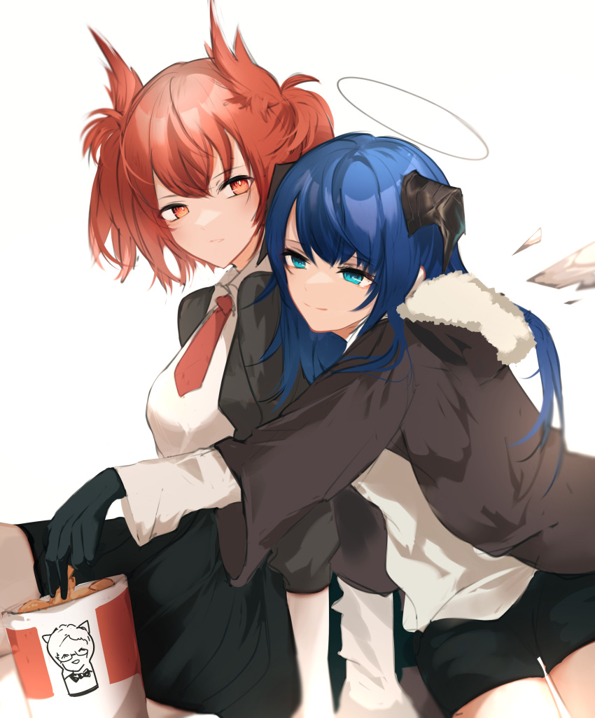 2girls, absurdres, animal_ears, arknights, bird_ears, black_gloves, black_jacket, black_shorts
