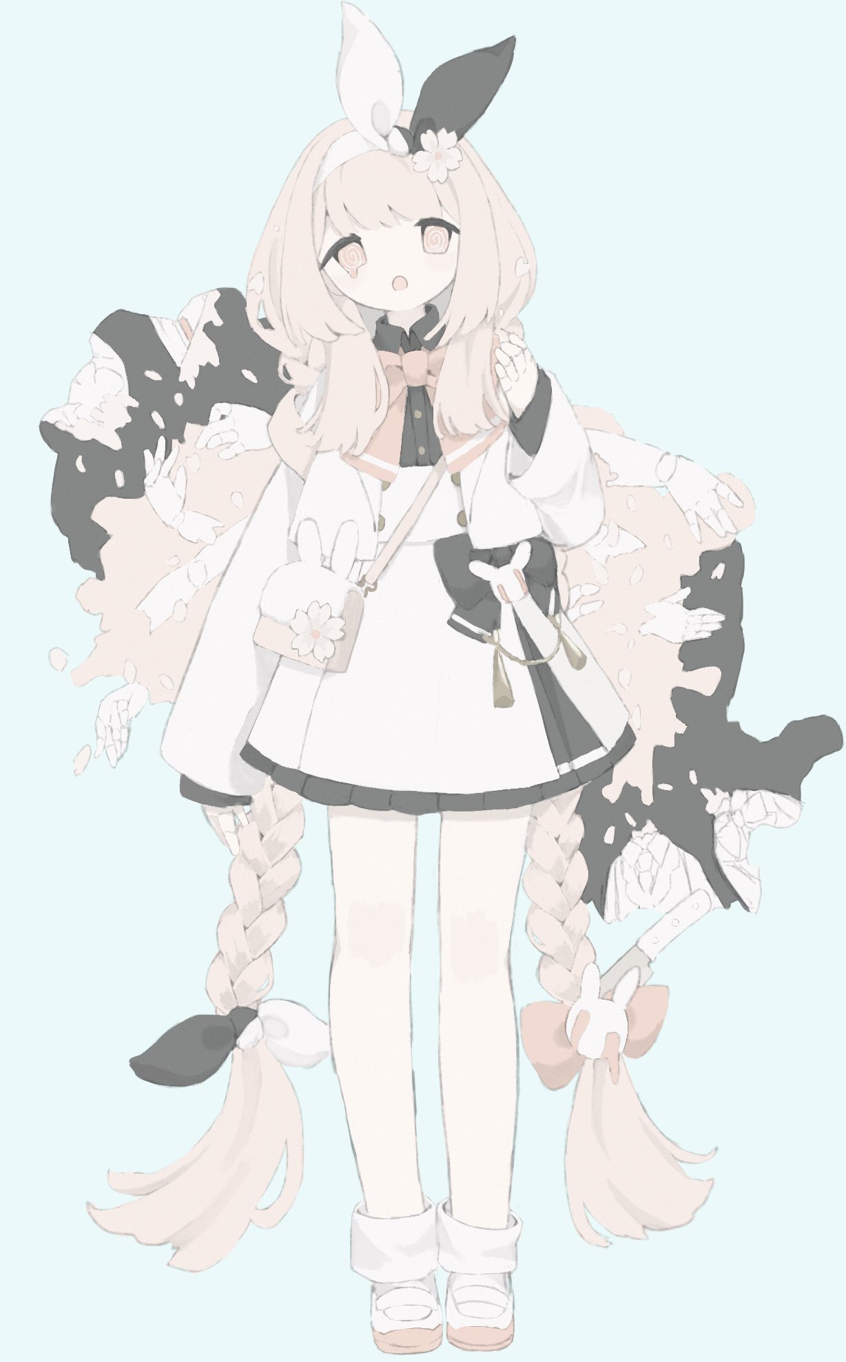 1girl, animal_bag, arm_up, black_bow, black_shirt, blue_background, bow, bowtie