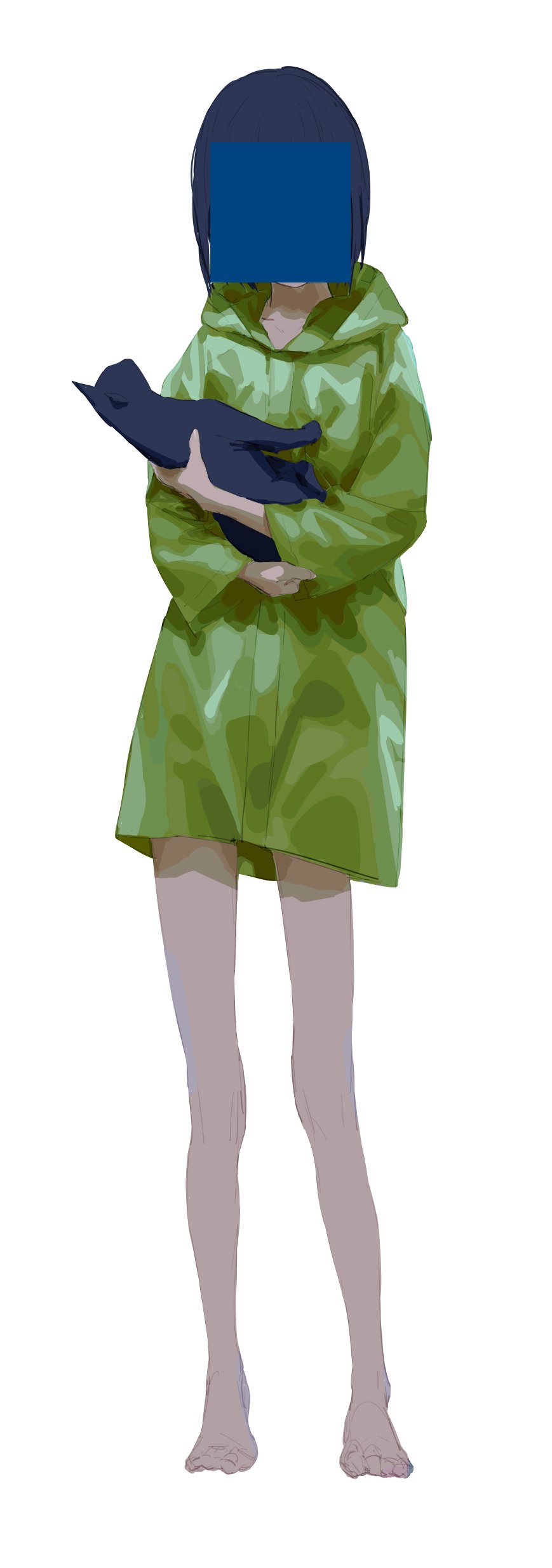 1girl, absurdres, aq_ll, bare_legs, blue_hair, cat, censored, commentary_request