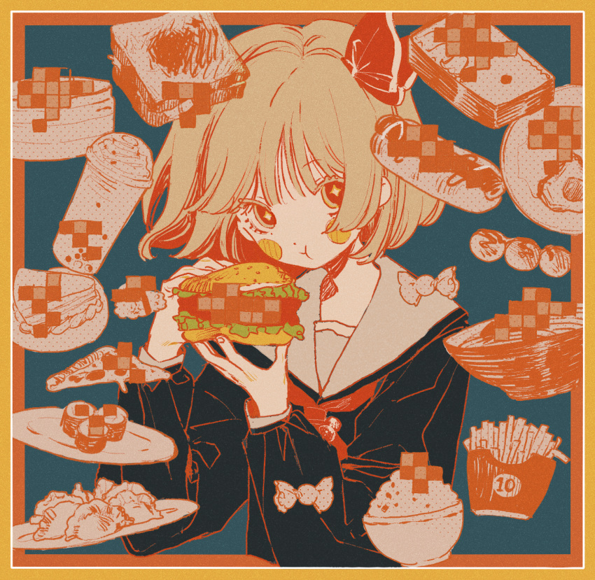 +_+, 1girl, bad_food, black_eyes, black_shirt, blonde_hair, blush_stickers, border