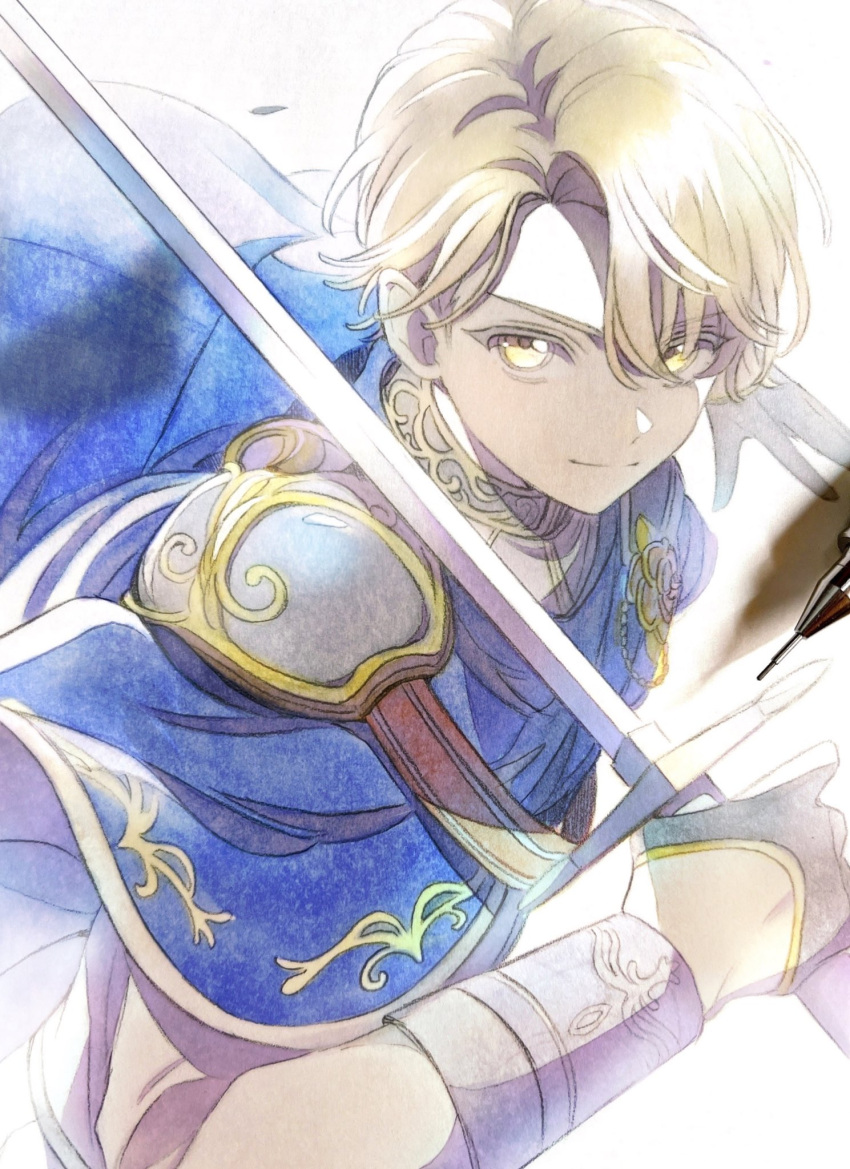 1boy, armor, black_gloves, blonde_hair, blue_cape, cape, closed_mouth, commentary, from_above, gloves, graphite_(medium), half_gloves, highres, holding, holding_sword, holding_weapon, kaitou_shinshi_no_harahara!?_white_day_(project_sekai), long_sleeves, looking_at_viewer, male_focus, marker_(medium), pato_(ptro), pauldrons, project_sekai, shirt, shoulder_armor, simple_background, smile, solo, sword, tenma_tsukasa, traditional_media, weapon, white_background, white_shirt, yellow_eyes