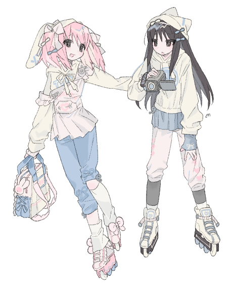 2girls, akemi_homura, animal_ears, beanie, black_eyes, black_hair, blue_skirt, commentary