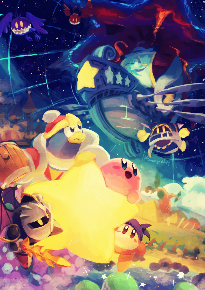 absurdres, bandana, bandana_waddle_dee, bat_wings, blue_bandana, blue_skin, blush_stickers, clouds