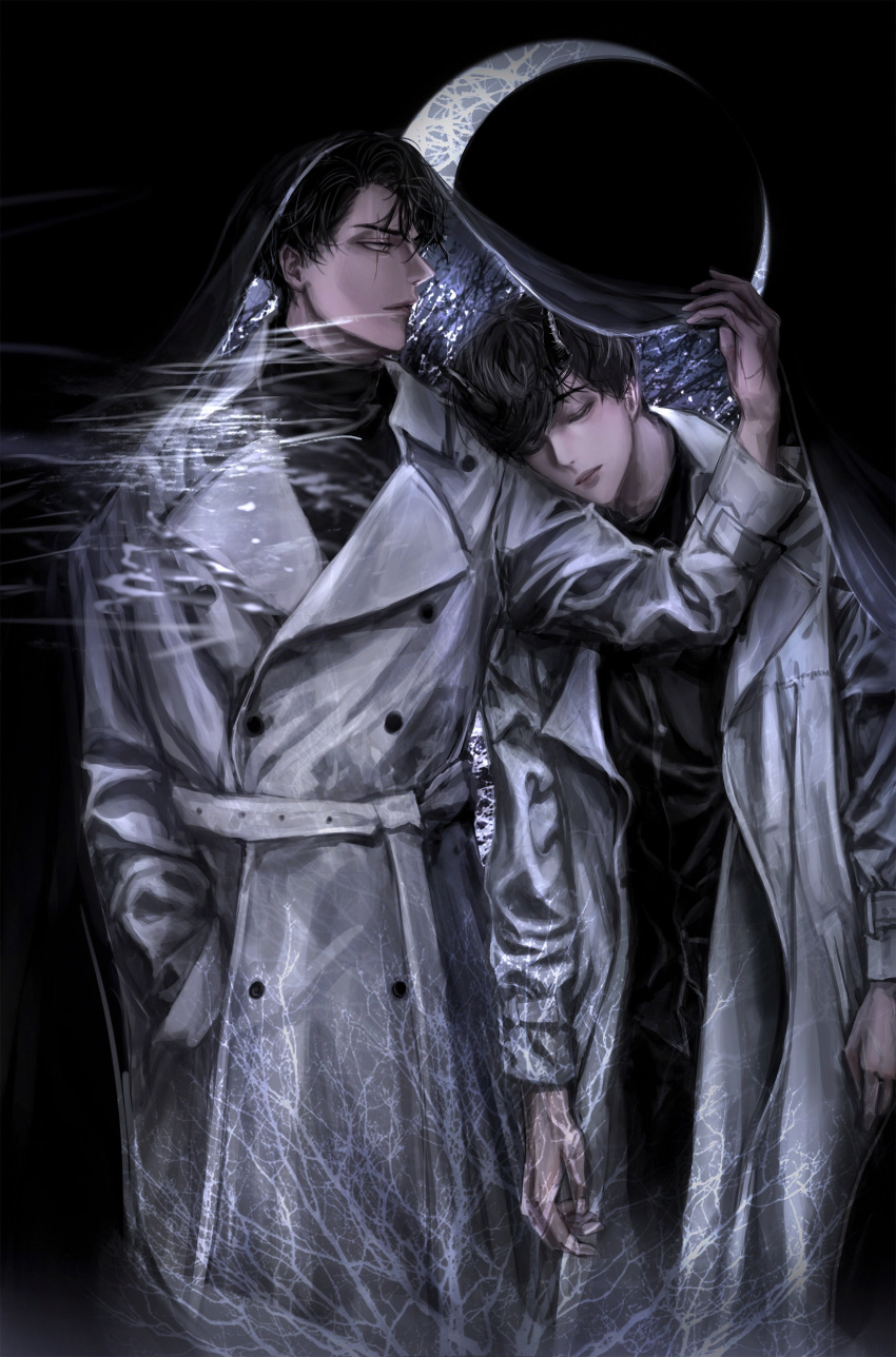 2boys, absurdres, black_hair, cloak, closed_eyes, crescent, crescent_moon, dante_(_dannnte_), dark_background, dok-ja_kim, hand_in_pocket, head_on_another's_shoulder, highres, jacket, joonghyuk_yoo, korean_commentary, long_sleeves, looking_at_another, male_focus, moon, multiple_boys, omniscient_reader's_viewpoint, scar, scar_across_eye, short_hair, white_jacket