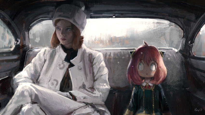2girls, anya_(spy_x_family), anya_taylor-joy, bangs, black_dress, blue_eyes, blush, brown_hair, car_interior, closed_mouth, coat, commentary, crossover, dress, eden_academy_uniform, elizabeth_harmon, elvafirst, english_commentary, hairpods, highres, looking_afar, looking_at_another, looking_to_the_side, multiple_girls, name_connection, open_mouth, pink_hair, short_hair, sitting, spy_x_family, the_queen's_gambit, upper_body, white_coat