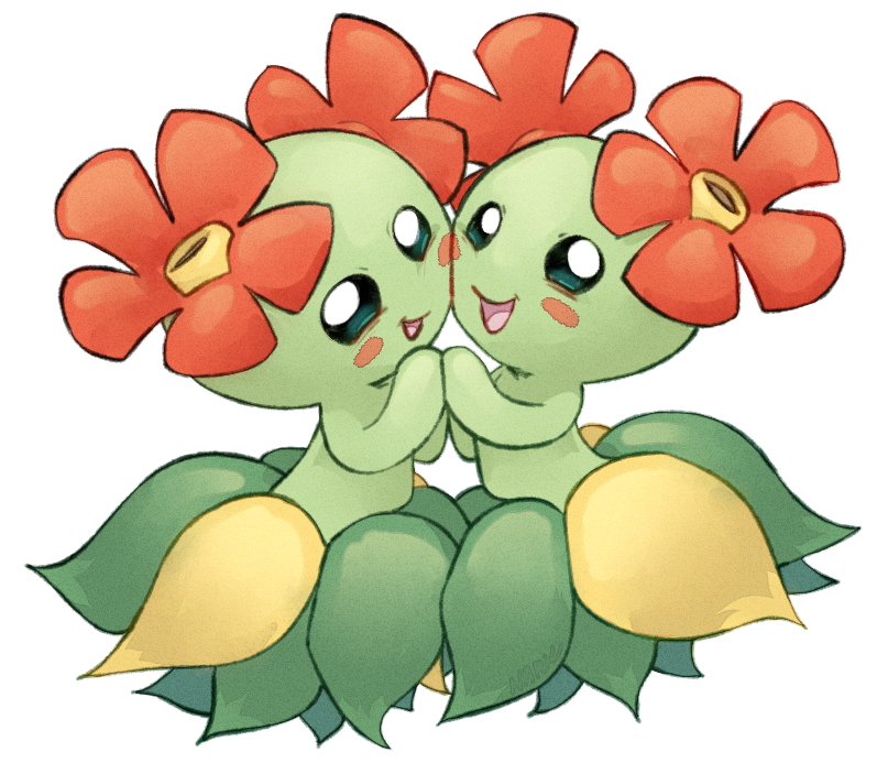 bellossom, blush_stickers, cheek-to-cheek, colored_skin, dual_persona, flower, green_skin, heads_together