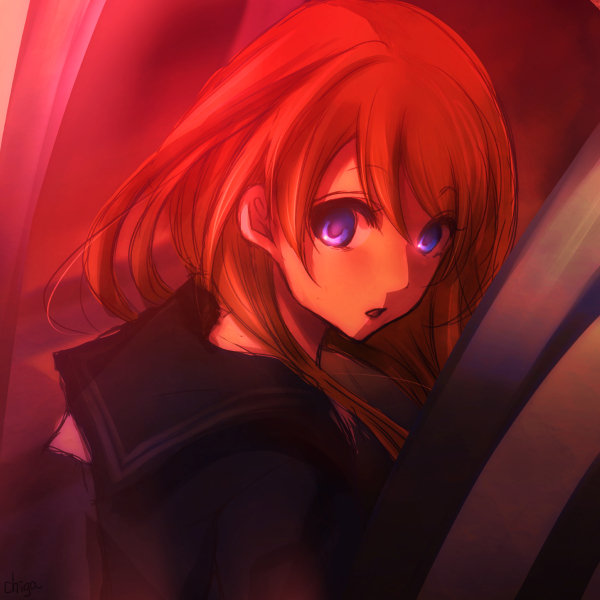 1girl, black_serafuku, blue_eyes, brown_hair, chi119, glowing, glowing_eyes, kaii_shoukougun