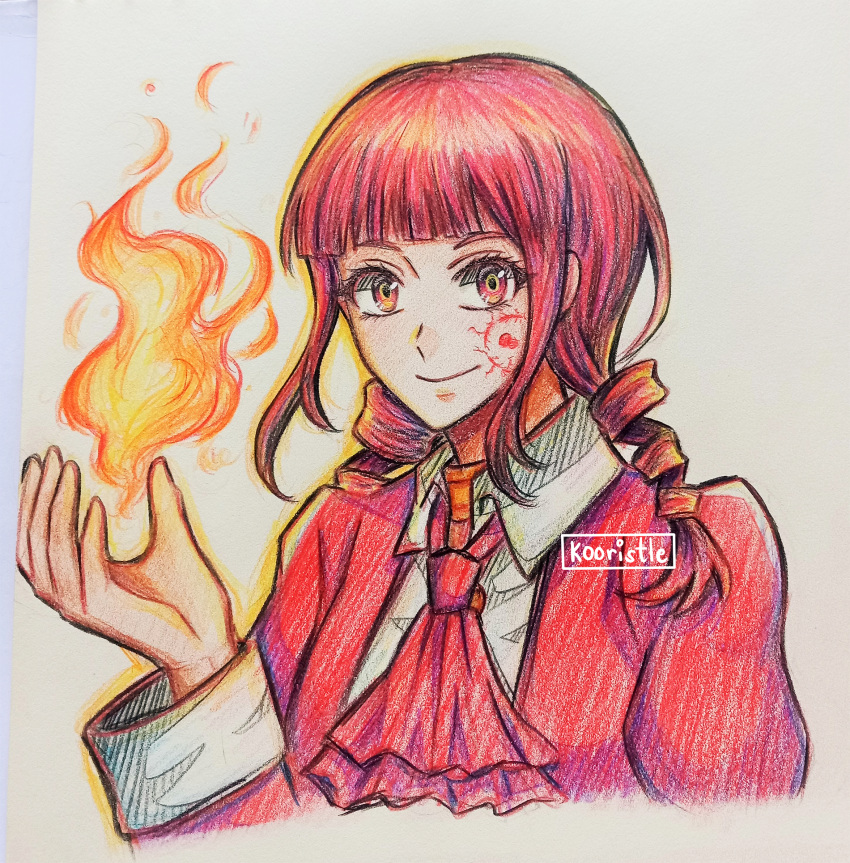 1girl, bangs, closed_mouth, drill_hair, fire, highres, kooristle, majo_no_moribito, manasfa_rustasia, marking_on_cheek, red_eyes, redhead, smile, solo