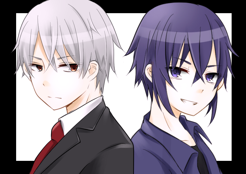 2boys, blue_hair, blue_jacket, formal, grey_hair, himuro_hitoshi, jacket, kaii_shoukougun, kaii_shoukougun_2, kogure_shinichi, male_focus, multiple_boys, necktie, short_hair, smile, suit, upper_body