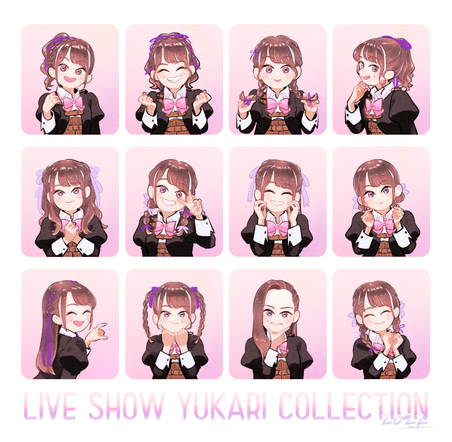 1girl, 2022, :3, :d, ^_^, arm_at_side, assault_lily, asymmetrical_bangs, bangs, black_jacket, blush, bow, bowtie, braid, brown_eyes, brown_hair, character_name, clenched_hands, closed_eyes, closed_mouth, collared_shirt, commentary_request, corset, cosplay, crown_braid, facing_viewer, finger_heart, french_braid, fukuyama_jeanne_sachie, fukuyama_jeanne_sachie_(cosplay), gradient, gradient_background, grin, hair_ribbon, hand_on_own_chin, hand_up, hands_on_own_cheeks, hands_on_own_chin, hands_on_own_face, hands_up, head_tilt, heart, heart_hands, holding, holding_hair, jacket, juliet_sleeves, komuzuka, long_hair, long_sleeves, looking_at_viewer, looking_to_the_side, low_twin_braids, low_twintails, ludvico_private_girls'_academy_school_uniform, medium_hair, mole, mole_above_mouth, multiple_views, nakamura_yukari_(voice_actor), open_clothes, open_jacket, open_mouth, own_hands_together, parted_lips, pink_background, pink_bow, pink_bowtie, ponytail, puffy_sleeves, purple_ribbon, real_life, ribbon, rounded_corners, school_uniform, shirt, short_hair, sideways_glance, single_braid, smile, twin_braids, twintails, underbust, upper_body, v, v_over_eye, voice_actor, voice_actor_connection, wavy_hair, white_background, white_shirt