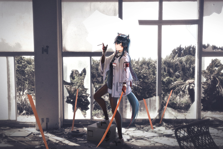 1girl, :o, absurdres, animal_ears, arknights, black_hair, black_pantyhose, black_shirt