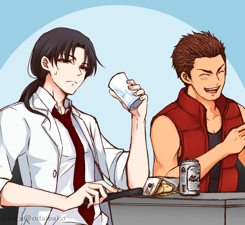 2boys, bare_shoulders, beer_can, black_hair, can, chi119, closed_eyes, coat