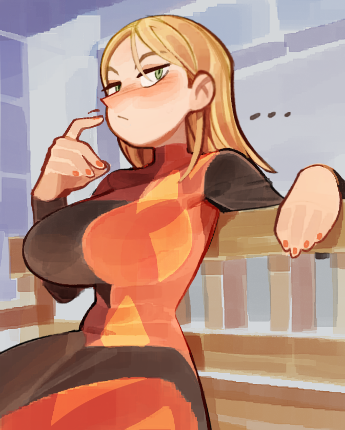 ..., 1girl, bench, blonde_hair, blush, breasts, fingernails, green_eyes, hilling_(ousama_ranking), large_breasts, long_hair, nail_polish, ousama_ranking, pointy_nose, solo, wamudraws