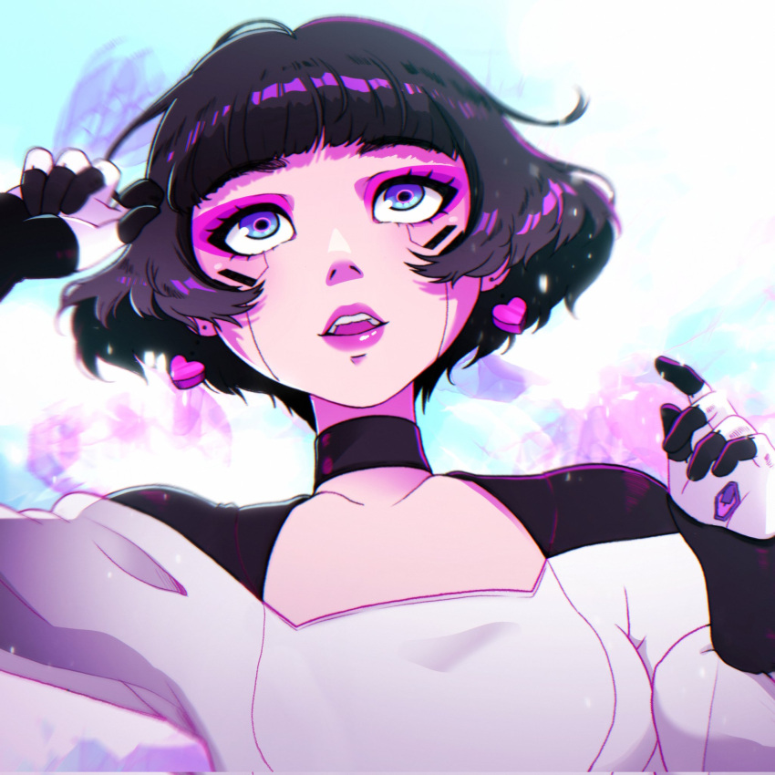 1girl, bangs, black_choker, black_hair, blue_eyes, bob_cut, choker, close-up