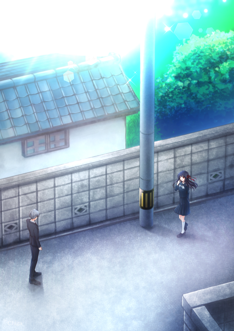 1boy, 1girl, bangs, black_hair, black_serafuku, blunt_bangs, chi119, day