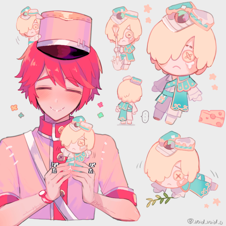 ..., :<, =_=, alternate_costume, andrew_kreiss, andrew_kreiss_(cheese), blonde_hair, blush, button_eyes, cake, cake_slice, capelet, character_doll, cheese, closed_eyes, closed_mouth, food, food-themed_hair_ornament, frilled_sleeves, frills, grey_background, hair_ornament, hair_over_one_eye, hat, holding, holding_leaf, holding_plant, holding_shovel, holding_stuffed_toy, identity_v, leaf, long_sleeves, male_focus, multiple_views, official_alternate_costume, pink_hair, pink_headwear, plant, short_hair, shovel, simple_background, smile, spoken_ellipsis, stitched_mouth, stitches, stuffed_toy, tendenbarabara, twitter_username, victor_grantz, watch, yellow_eyes
