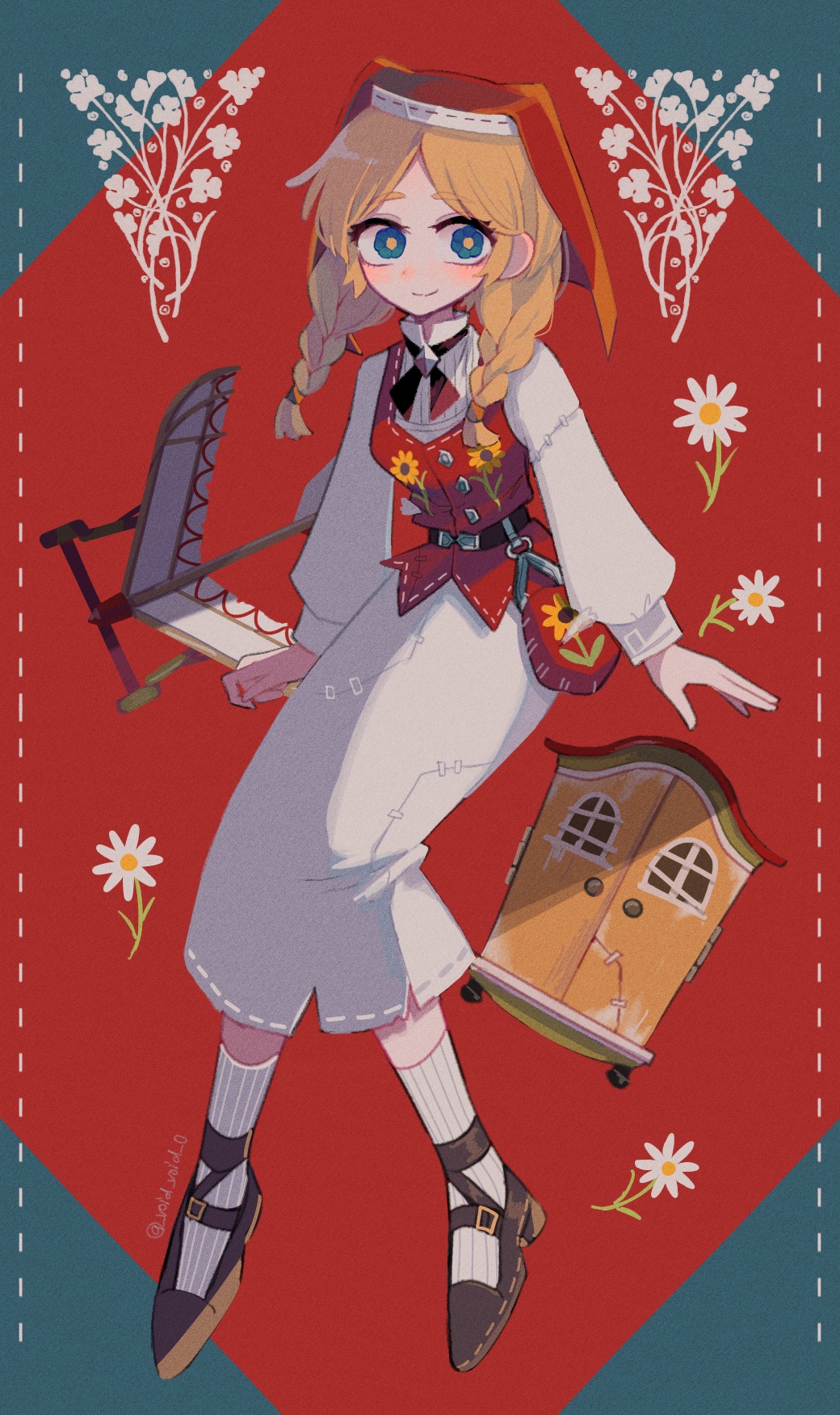 1girl, anne_lester, artist_name, belt, blonde_hair, braid, czech_clothes, dress