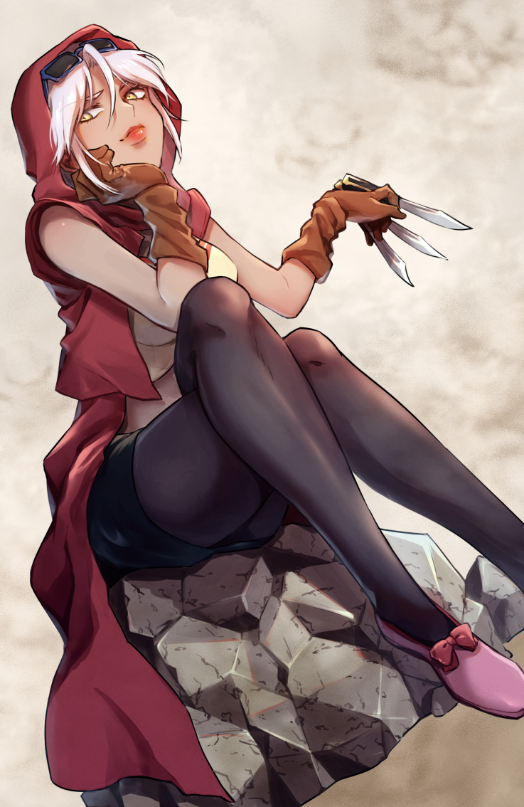 1girl, bangs, black_pantyhose, black_skirt, brown_gloves, closed_mouth, coat, crop_top, dark-skinned_female, dark_skin, full_body, gloves, holding, holding_knife, jojo_no_kimyou_na_bouken, knife, lipstick, looking_at_viewer, makeup, mariah_(jojo), pantyhose, pink_footwear, red_coat, rock, shirt, short_hair, short_sleeves, sitting, skirt, smile, solo, soraao0322, stardust_crusaders, sunglasses, white_hair, yellow_eyes, yellow_shirt