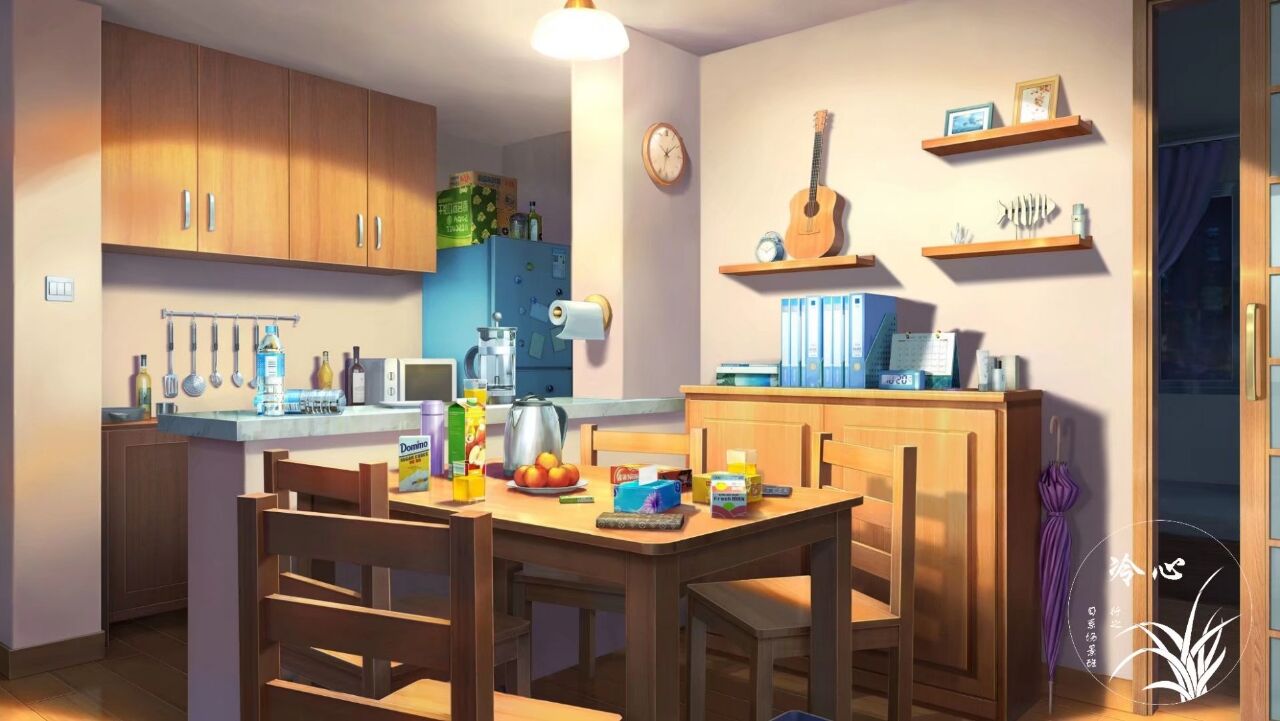 bottle, chair, clock, counter, cup, cupboard, dining_room, folder