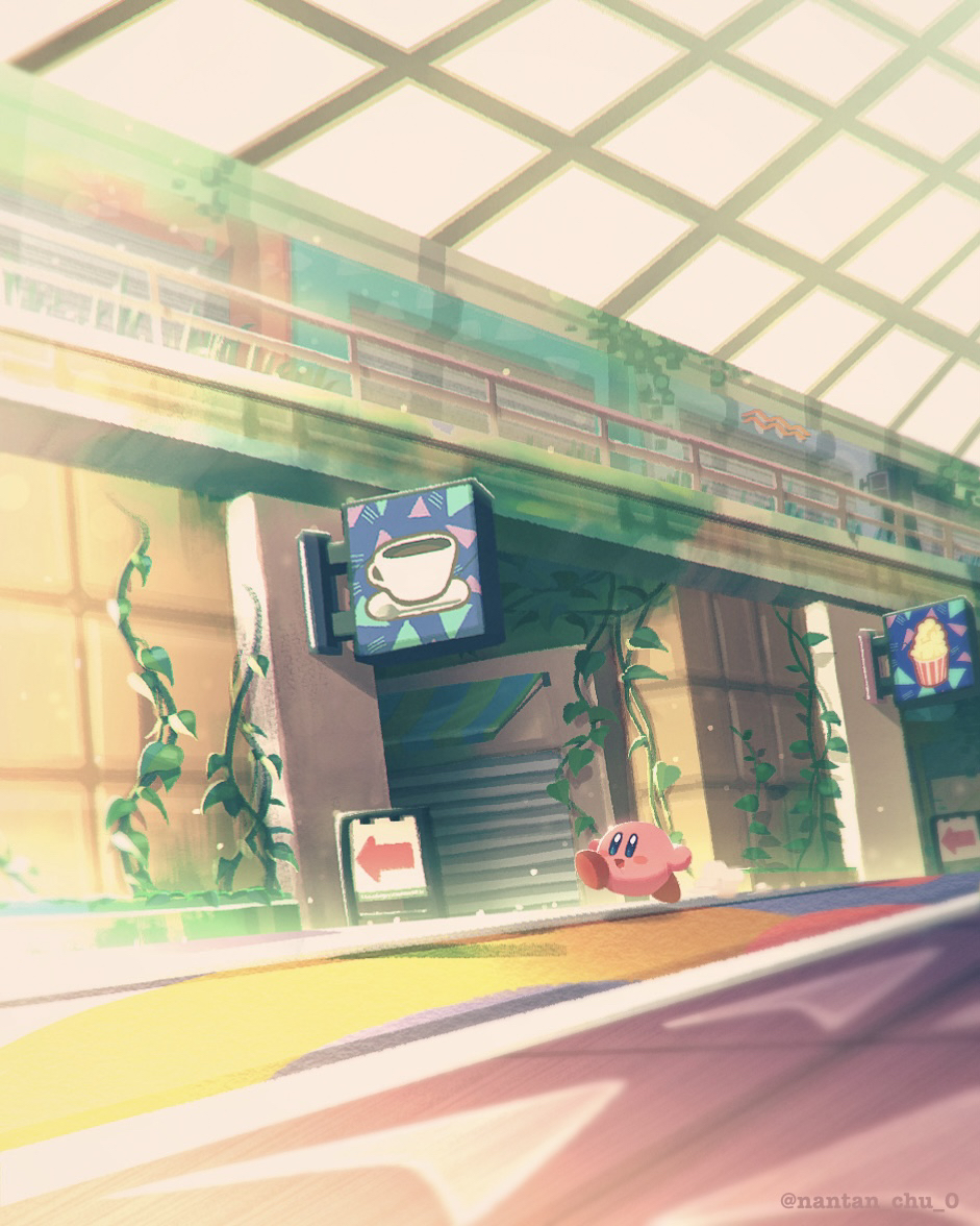 abandoned, arrow_(symbol), building, indoors, kirby, kirby_(series), light, mall