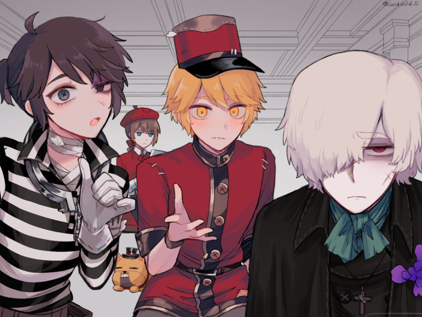 4boys, :/, :o, =_=, andrew_kreiss, arm_up, bandaged_neck, bandages