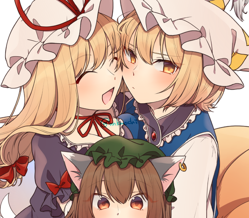 3girls, animal_ear_fluff, animal_ears, blonde_hair, blue_tabard, brown_eyes, brown_hair, cat_ears, chen, closed_eyes, commentary_request, dress, earrings, fox_tail, green_headwear, happy, hat, jewelry, long_sleeves, medium_hair, mob_cap, multiple_girls, neck_ribbon, open_mouth, purple_dress, red_ribbon, ribbon, short_hair, simple_background, single_earring, tail, touhou, unkmochi, white_background, white_dress, white_headwear, yakumo_ran, yakumo_yukari, yellow_eyes