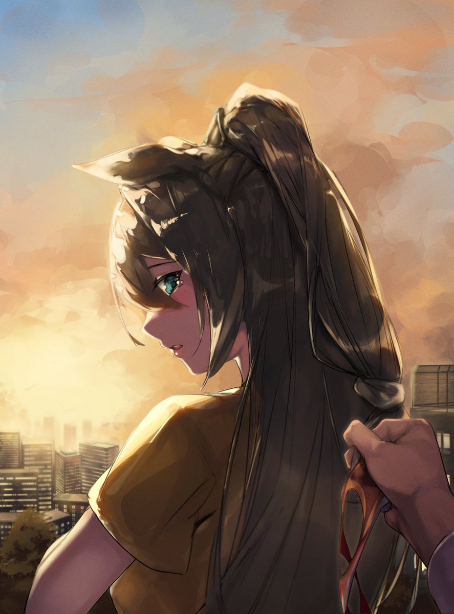 1girl, 1other, animal_ears, bangs, black_hair, blue_eyes, blush, building