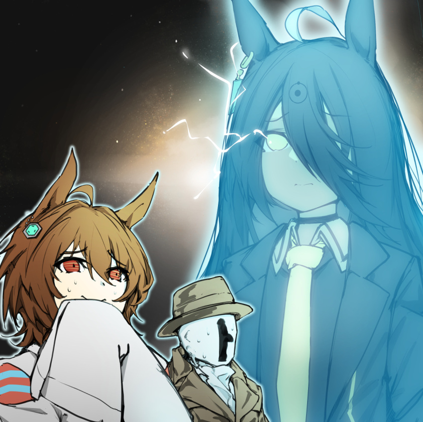 1other, 2girls, agnes_tachyon_(umamusume), ahoge, animal_ears, bangs, black_choker, black_hair, black_jacket, black_shirt, brown_coat, brown_hair, brown_headwear, choker, closed_mouth, coat, collared_shirt, dr._manhattan, hair_between_eyes, hair_over_one_eye, hand_up, hat, highres, horse_ears, jacket, labcoat, long_sleeves, manhattan_cafe_(umamusume), multiple_girls, necktie, nervous_smile, red_eyes, rorschach, shirt, sleeves_past_fingers, sleeves_past_wrists, smile, sunagami13, sweat, trainer_(umamusume), umamusume, watchmen, yellow_eyes, yellow_necktie